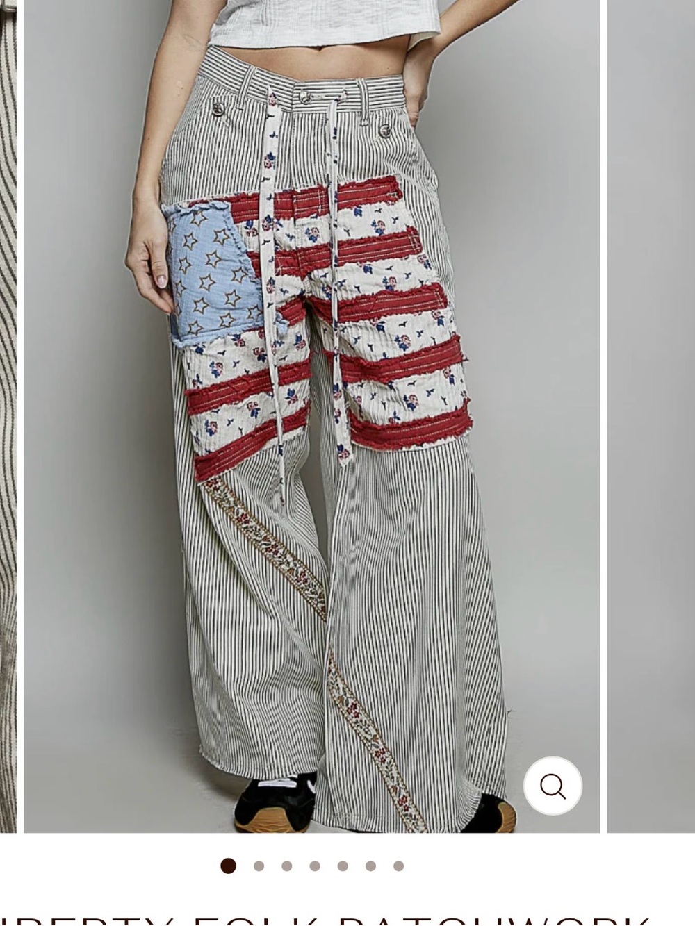 POL Striped Wide-Leg Pants with Red & Blue Appliqué